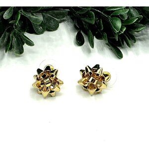 Gold Tone Gift Bow Stud Earrings Metallic Festive Jewelry